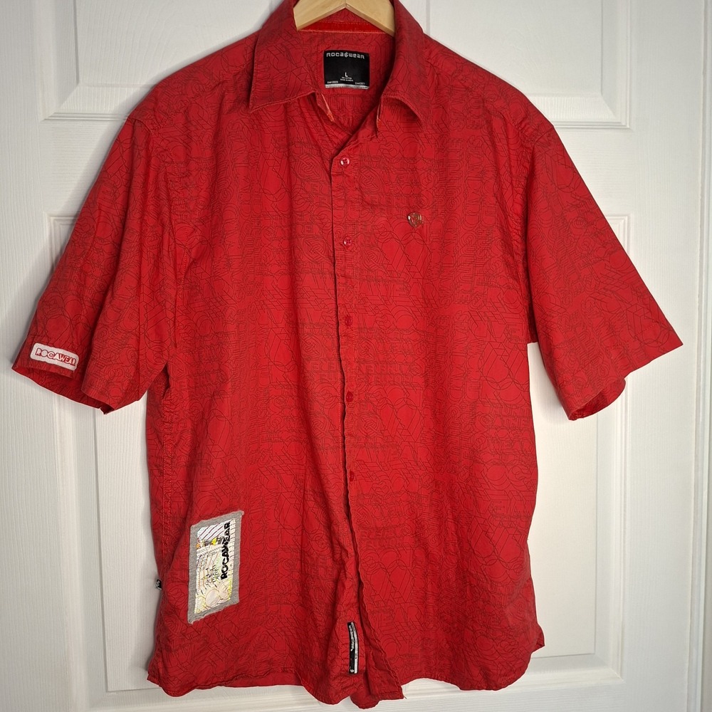 Rocawear Shirt Mens L Red All Over Print Geometric Short Sleeve 90s Y2K Vintage